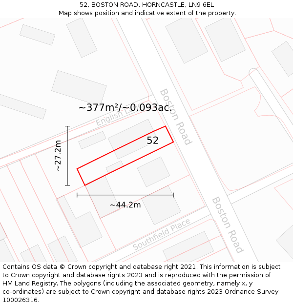 52, BOSTON ROAD, HORNCASTLE, LN9 6EL: Plot and title map