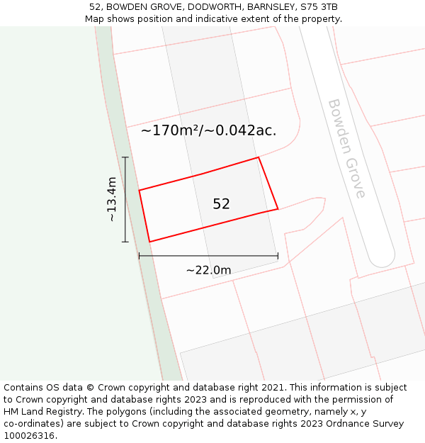 52, BOWDEN GROVE, DODWORTH, BARNSLEY, S75 3TB: Plot and title map