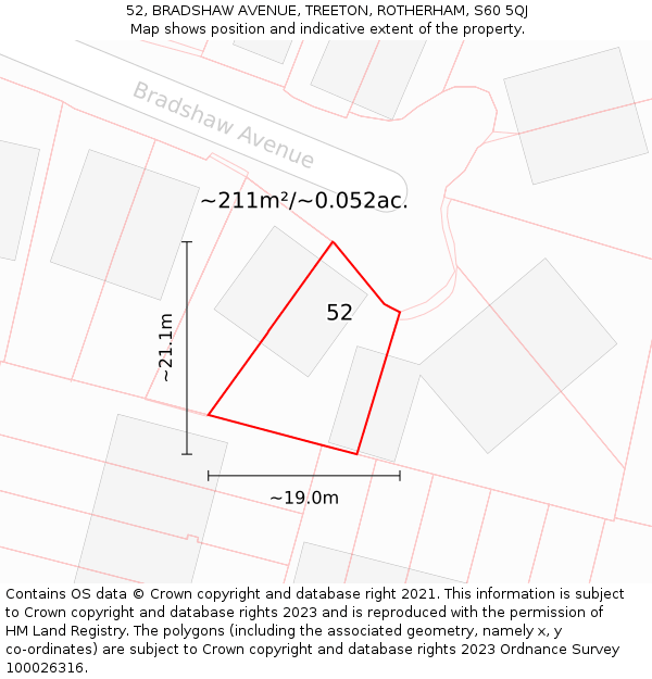 52, BRADSHAW AVENUE, TREETON, ROTHERHAM, S60 5QJ: Plot and title map