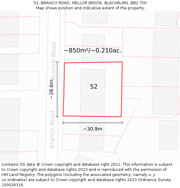 52, BRANCH ROAD, MELLOR BROOK, BLACKBURN, BB2 7NY: Plot and title map