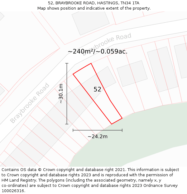 52, BRAYBROOKE ROAD, HASTINGS, TN34 1TA: Plot and title map