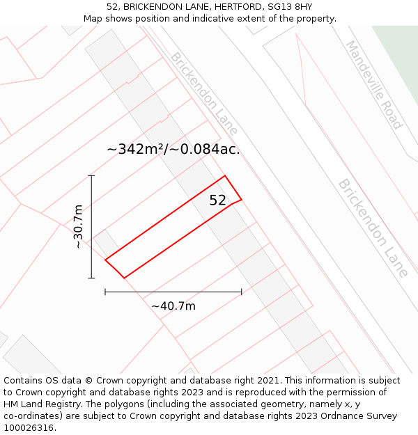 52, BRICKENDON LANE, HERTFORD, SG13 8HY: Plot and title map