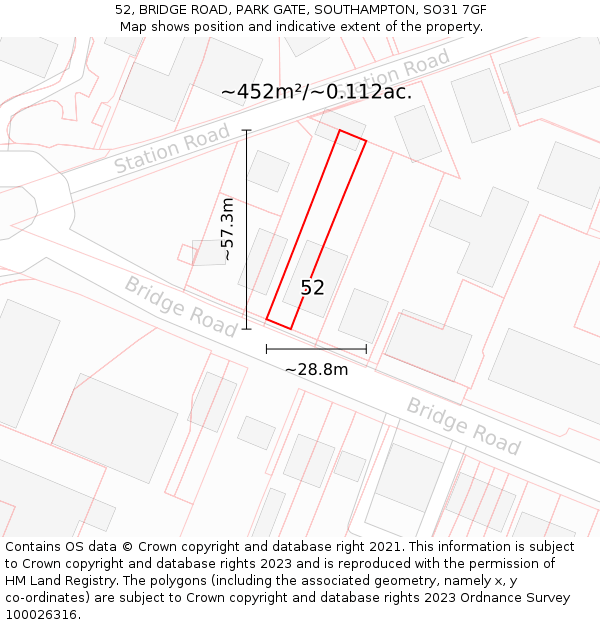 52, BRIDGE ROAD, PARK GATE, SOUTHAMPTON, SO31 7GF: Plot and title map