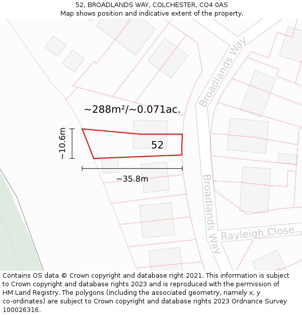 52, BROADLANDS WAY, COLCHESTER, CO4 0AS: Plot and title map