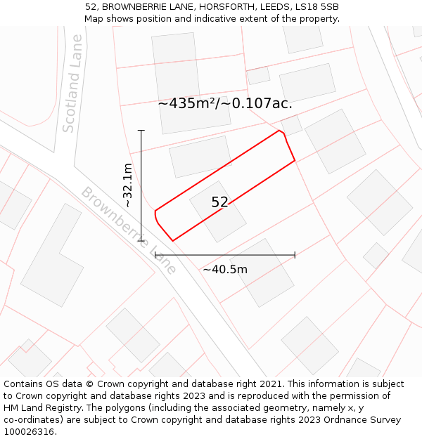 52, BROWNBERRIE LANE, HORSFORTH, LEEDS, LS18 5SB: Plot and title map