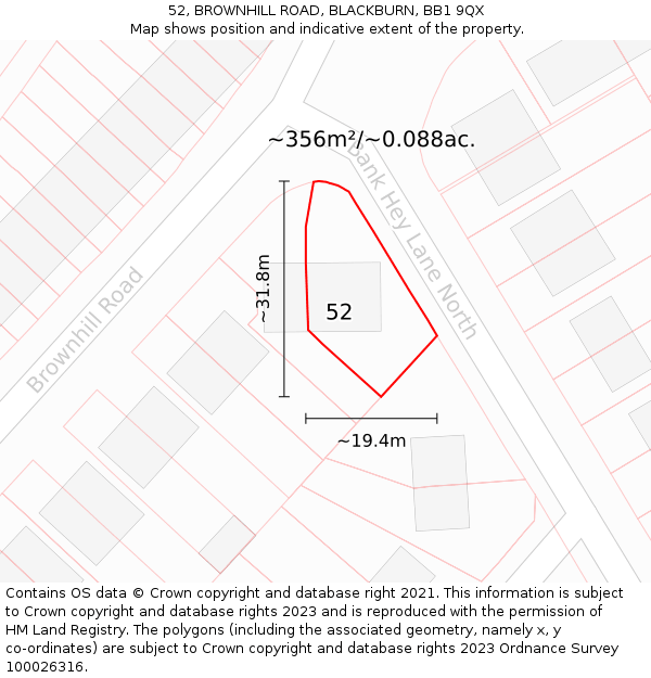 52, BROWNHILL ROAD, BLACKBURN, BB1 9QX: Plot and title map