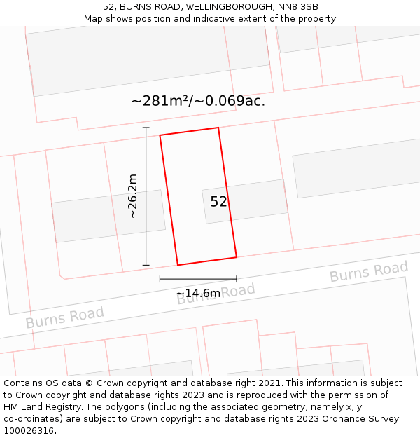 52, BURNS ROAD, WELLINGBOROUGH, NN8 3SB: Plot and title map