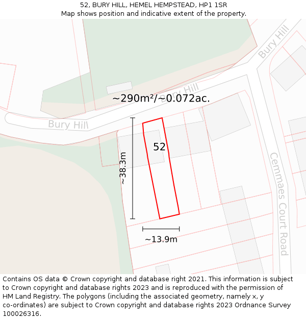 52, BURY HILL, HEMEL HEMPSTEAD, HP1 1SR: Plot and title map