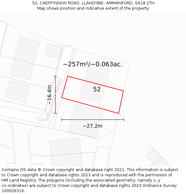 52, CAEFFYNNON ROAD, LLANDYBIE, AMMANFORD, SA18 2TH: Plot and title map