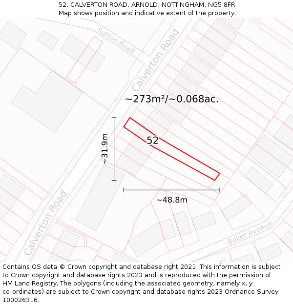 52, CALVERTON ROAD, ARNOLD, NOTTINGHAM, NG5 8FR: Plot and title map