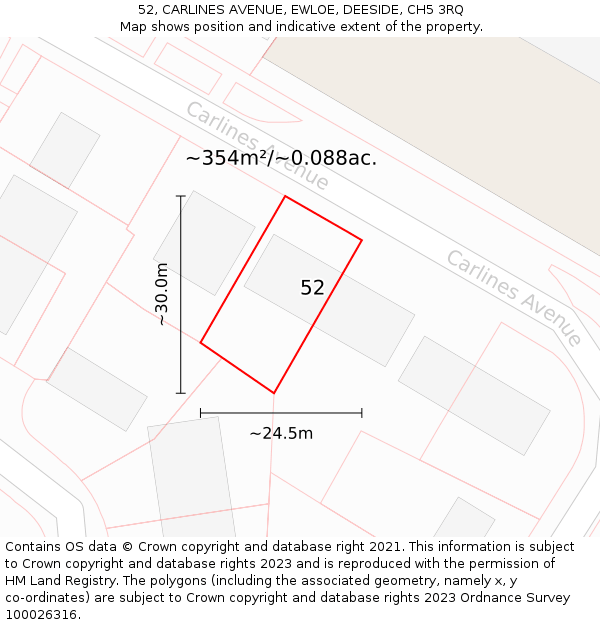 52, CARLINES AVENUE, EWLOE, DEESIDE, CH5 3RQ: Plot and title map