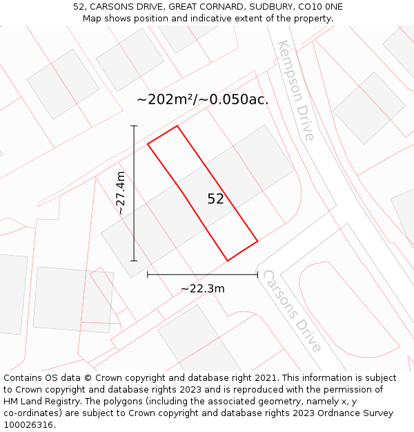 52, CARSONS DRIVE, GREAT CORNARD, SUDBURY, CO10 0NE: Plot and title map