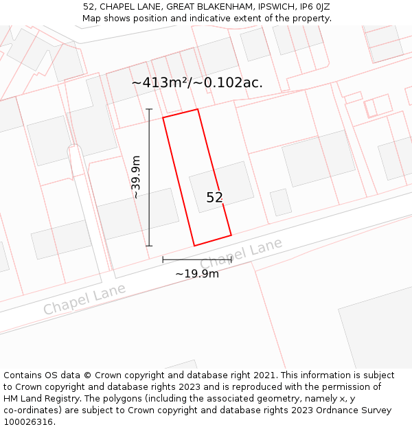 52, CHAPEL LANE, GREAT BLAKENHAM, IPSWICH, IP6 0JZ: Plot and title map