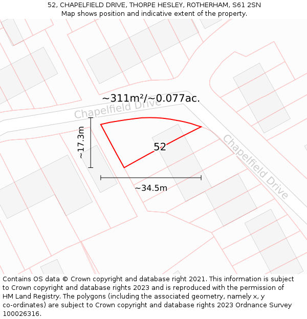 52, CHAPELFIELD DRIVE, THORPE HESLEY, ROTHERHAM, S61 2SN: Plot and title map