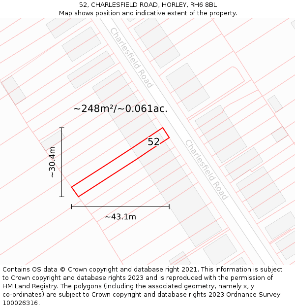 52, CHARLESFIELD ROAD, HORLEY, RH6 8BL: Plot and title map