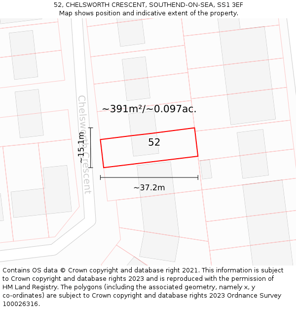 52, CHELSWORTH CRESCENT, SOUTHEND-ON-SEA, SS1 3EF: Plot and title map