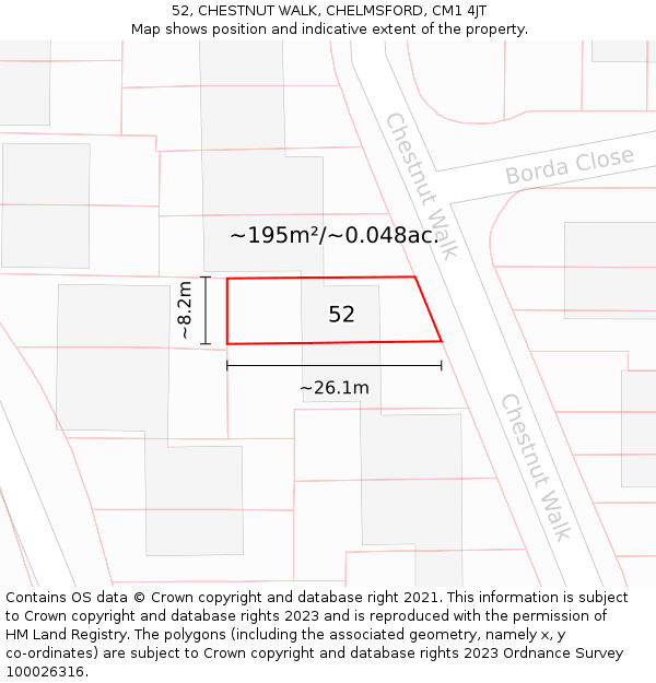 52, CHESTNUT WALK, CHELMSFORD, CM1 4JT: Plot and title map