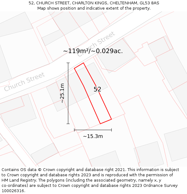 52, CHURCH STREET, CHARLTON KINGS, CHELTENHAM, GL53 8AS: Plot and title map