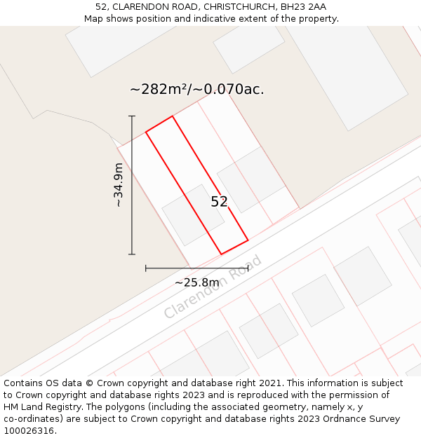 52, CLARENDON ROAD, CHRISTCHURCH, BH23 2AA: Plot and title map