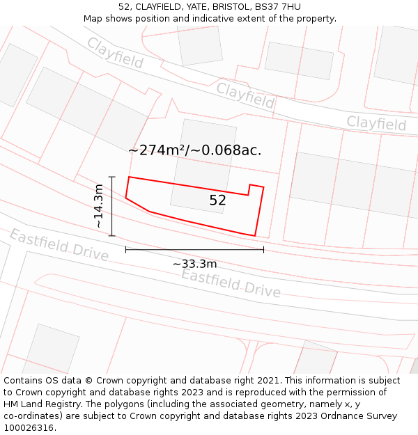 52, CLAYFIELD, YATE, BRISTOL, BS37 7HU: Plot and title map