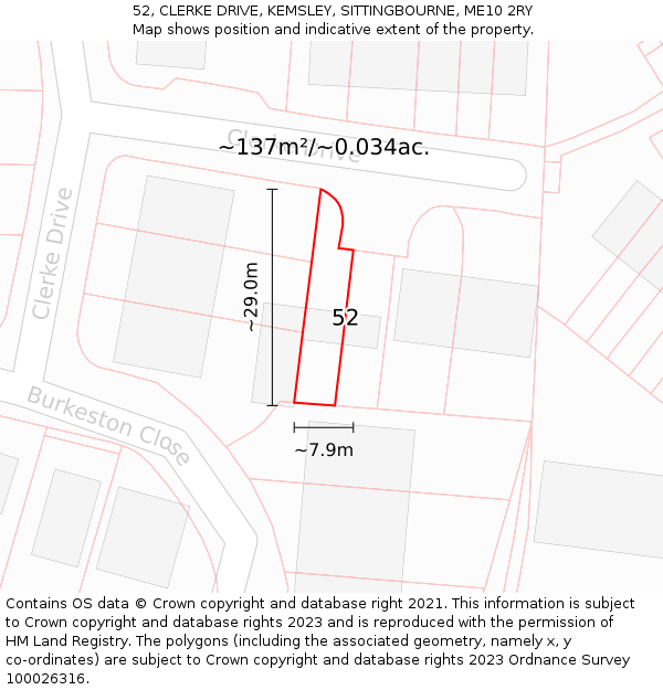 52, CLERKE DRIVE, KEMSLEY, SITTINGBOURNE, ME10 2RY: Plot and title map