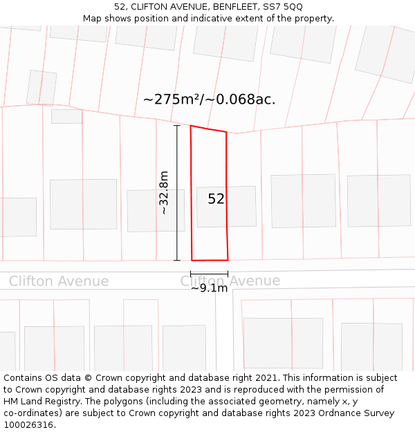 52, CLIFTON AVENUE, BENFLEET, SS7 5QQ: Plot and title map