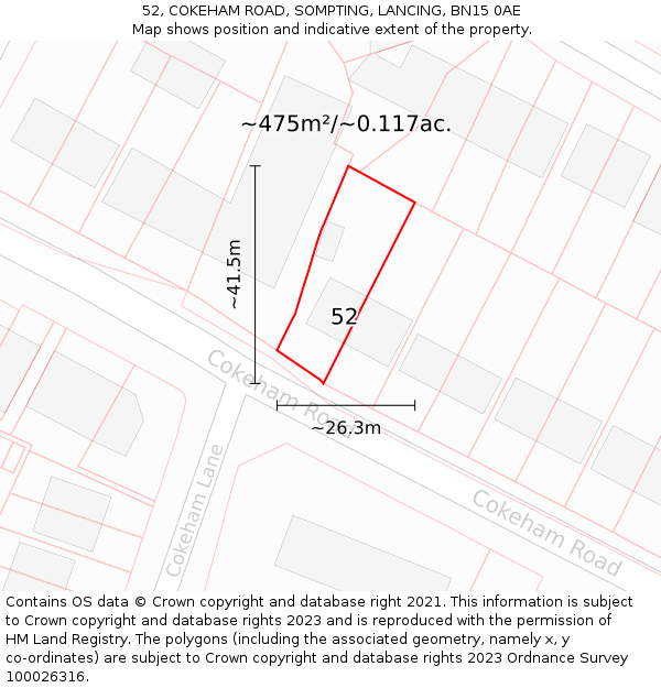 52, COKEHAM ROAD, SOMPTING, LANCING, BN15 0AE: Plot and title map