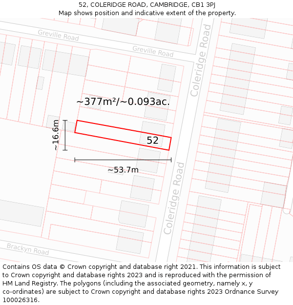 52, COLERIDGE ROAD, CAMBRIDGE, CB1 3PJ: Plot and title map