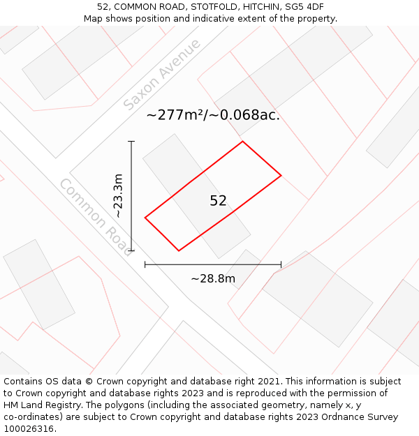 52, COMMON ROAD, STOTFOLD, HITCHIN, SG5 4DF: Plot and title map