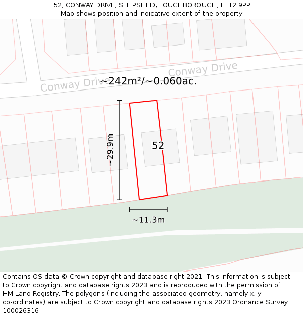 52, CONWAY DRIVE, SHEPSHED, LOUGHBOROUGH, LE12 9PP: Plot and title map