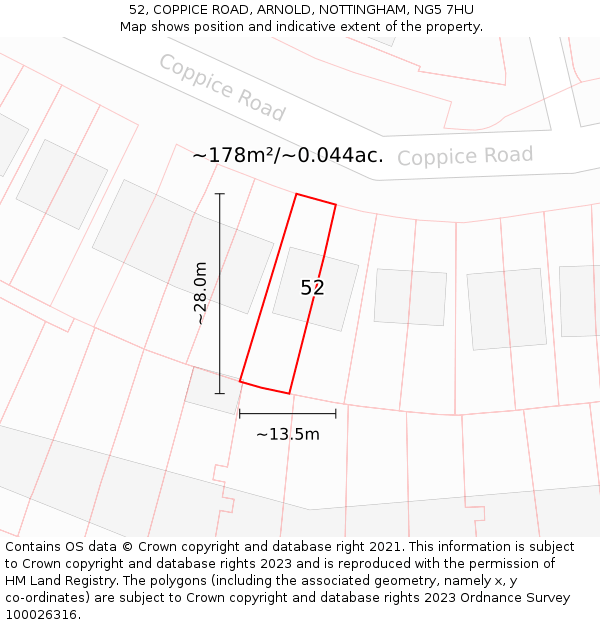 52, COPPICE ROAD, ARNOLD, NOTTINGHAM, NG5 7HU: Plot and title map