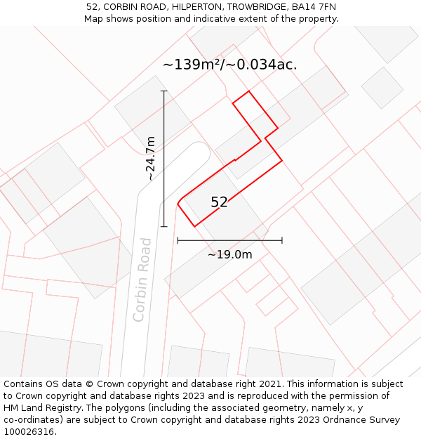52, CORBIN ROAD, HILPERTON, TROWBRIDGE, BA14 7FN: Plot and title map