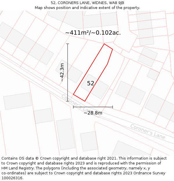 52, CORONERS LANE, WIDNES, WA8 9JB: Plot and title map