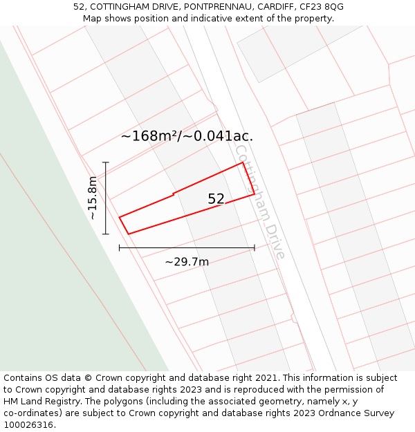 52, COTTINGHAM DRIVE, PONTPRENNAU, CARDIFF, CF23 8QG: Plot and title map