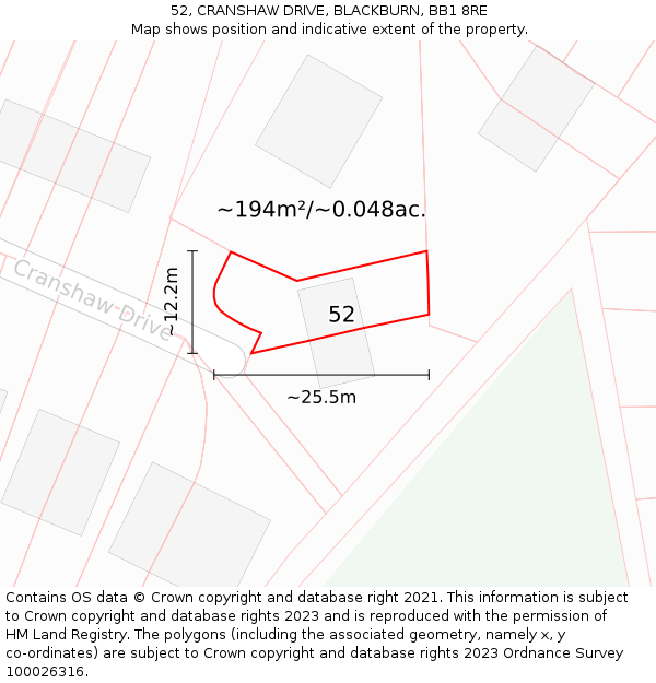 52, CRANSHAW DRIVE, BLACKBURN, BB1 8RE: Plot and title map