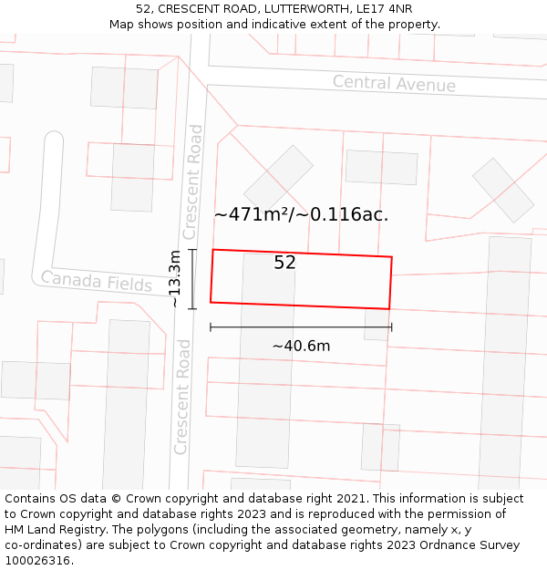 52, CRESCENT ROAD, LUTTERWORTH, LE17 4NR: Plot and title map