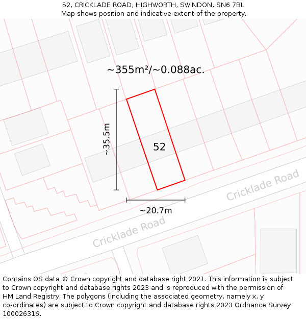 52, CRICKLADE ROAD, HIGHWORTH, SWINDON, SN6 7BL: Plot and title map