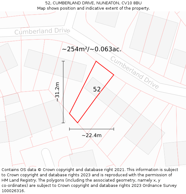 52, CUMBERLAND DRIVE, NUNEATON, CV10 8BU: Plot and title map