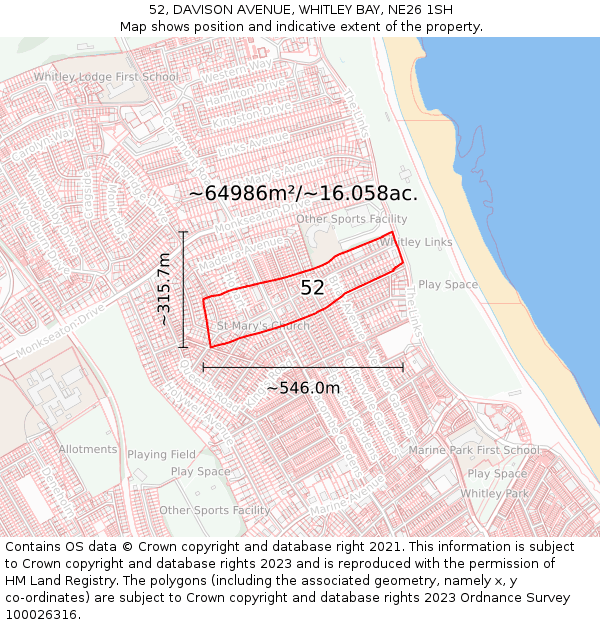 52, DAVISON AVENUE, WHITLEY BAY, NE26 1SH: Plot and title map