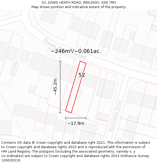 52, DAWS HEATH ROAD, RAYLEIGH, SS6 7RN: Plot and title map