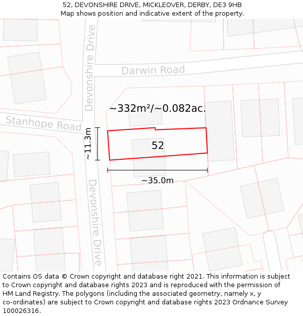 52, DEVONSHIRE DRIVE, MICKLEOVER, DERBY, DE3 9HB: Plot and title map