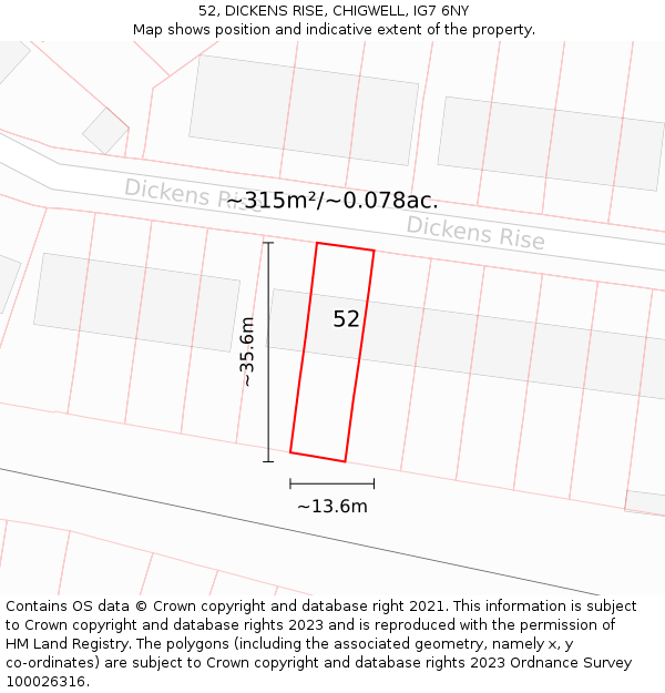 52, DICKENS RISE, CHIGWELL, IG7 6NY: Plot and title map