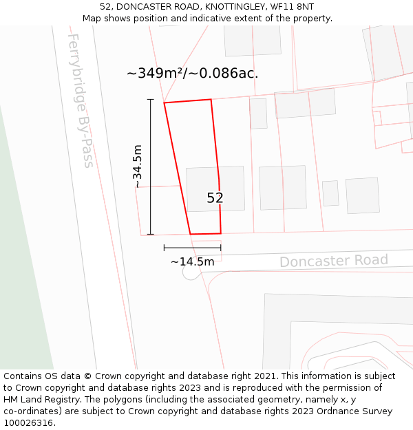 52, DONCASTER ROAD, KNOTTINGLEY, WF11 8NT: Plot and title map