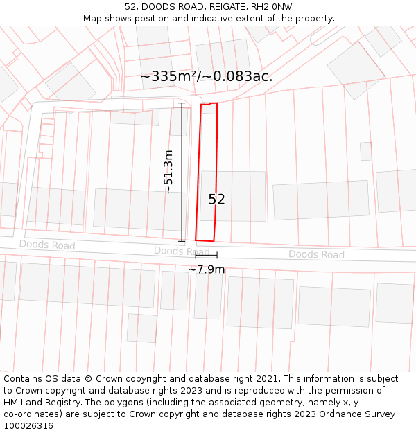 52, DOODS ROAD, REIGATE, RH2 0NW: Plot and title map