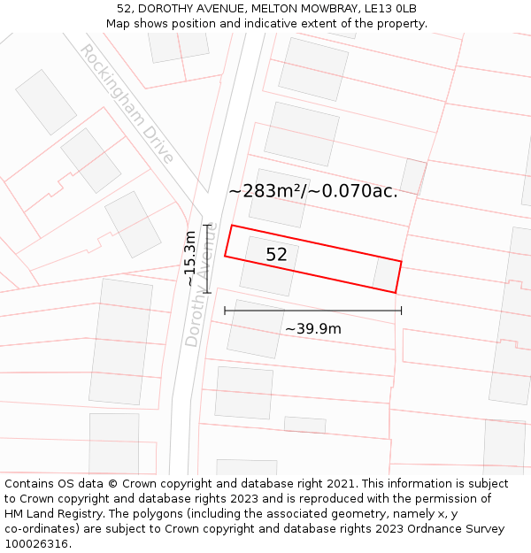 52, DOROTHY AVENUE, MELTON MOWBRAY, LE13 0LB: Plot and title map