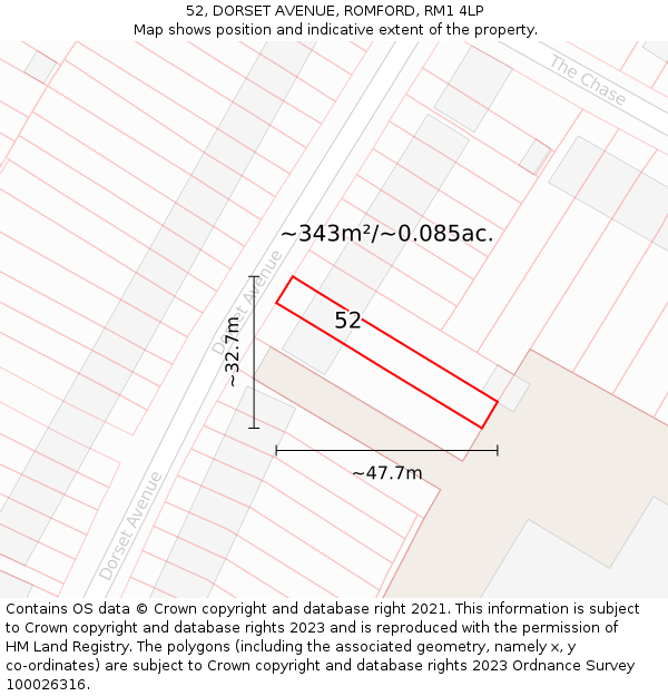 52, DORSET AVENUE, ROMFORD, RM1 4LP: Plot and title map