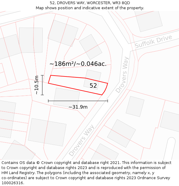 52, DROVERS WAY, WORCESTER, WR3 8QD: Plot and title map