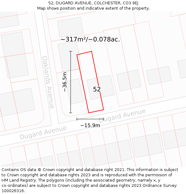 52, DUGARD AVENUE, COLCHESTER, CO3 9EJ: Plot and title map