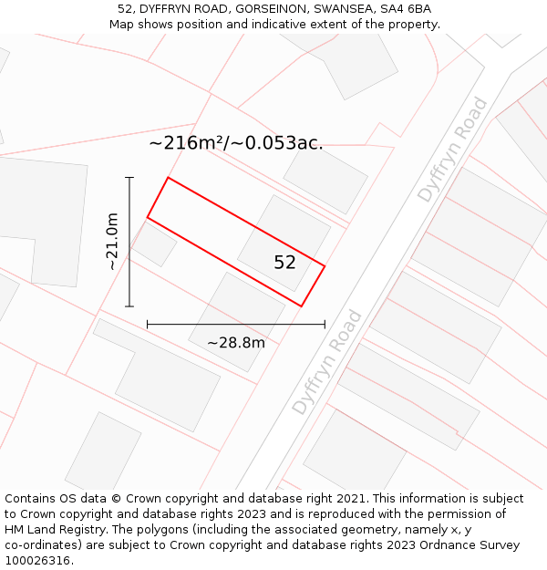 52, DYFFRYN ROAD, GORSEINON, SWANSEA, SA4 6BA: Plot and title map