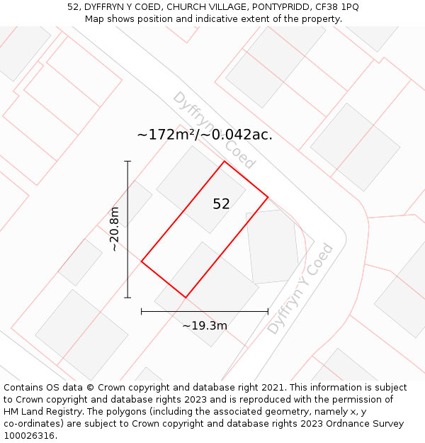 52, DYFFRYN Y COED, CHURCH VILLAGE, PONTYPRIDD, CF38 1PQ: Plot and title map